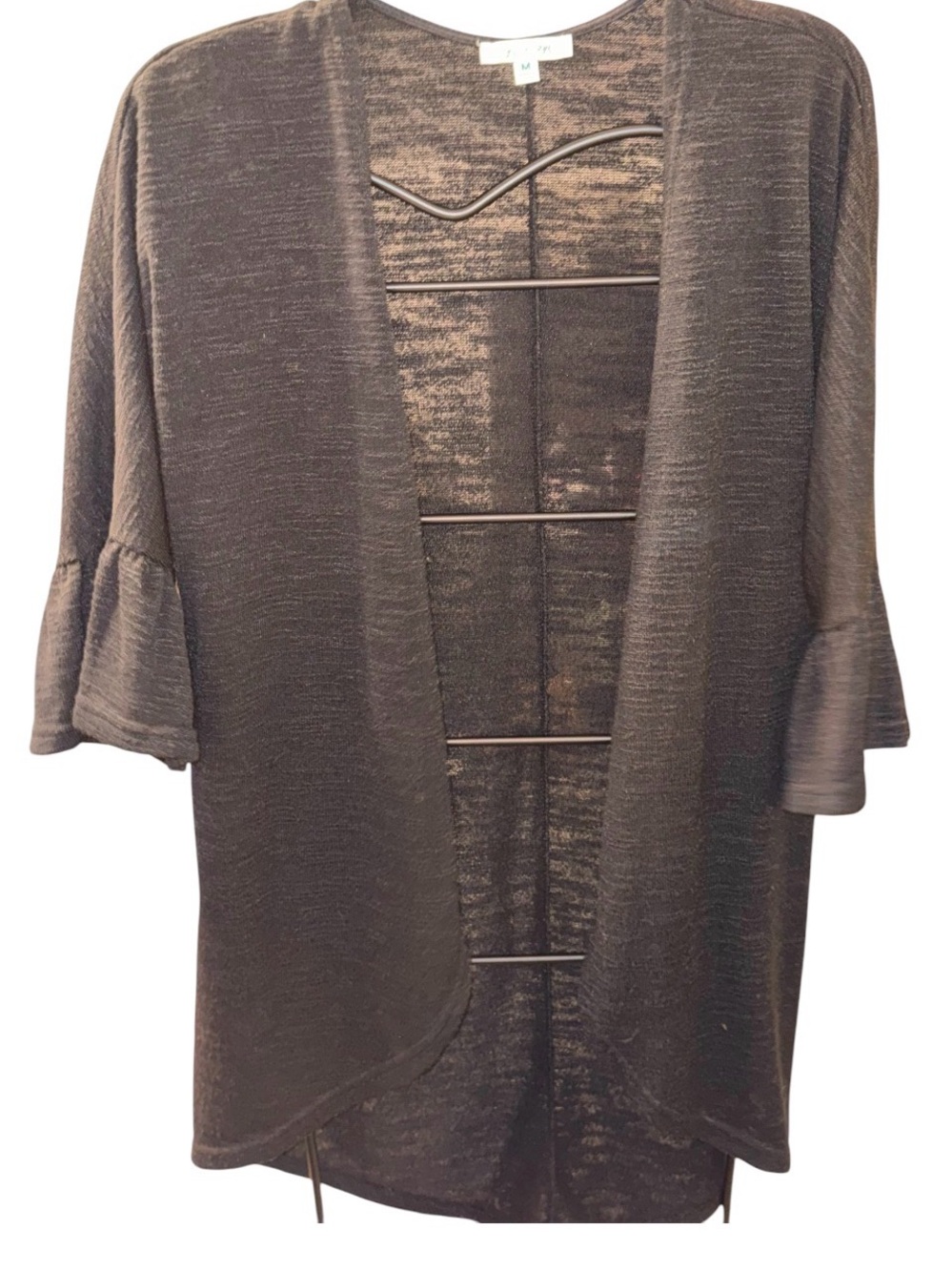 She + Sky Black Open-Front Tunic with Ruffled 3/4 Sleeves